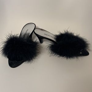 Jacques Levine Black Satin & Feathered Bewitched bedroom slippers 6.5M Like New